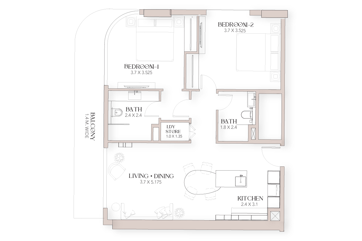 Luxor By Imtiaz Floor plan of a two-bedroom apartment with living area, kitchen, two bathrooms, and a balcony.
